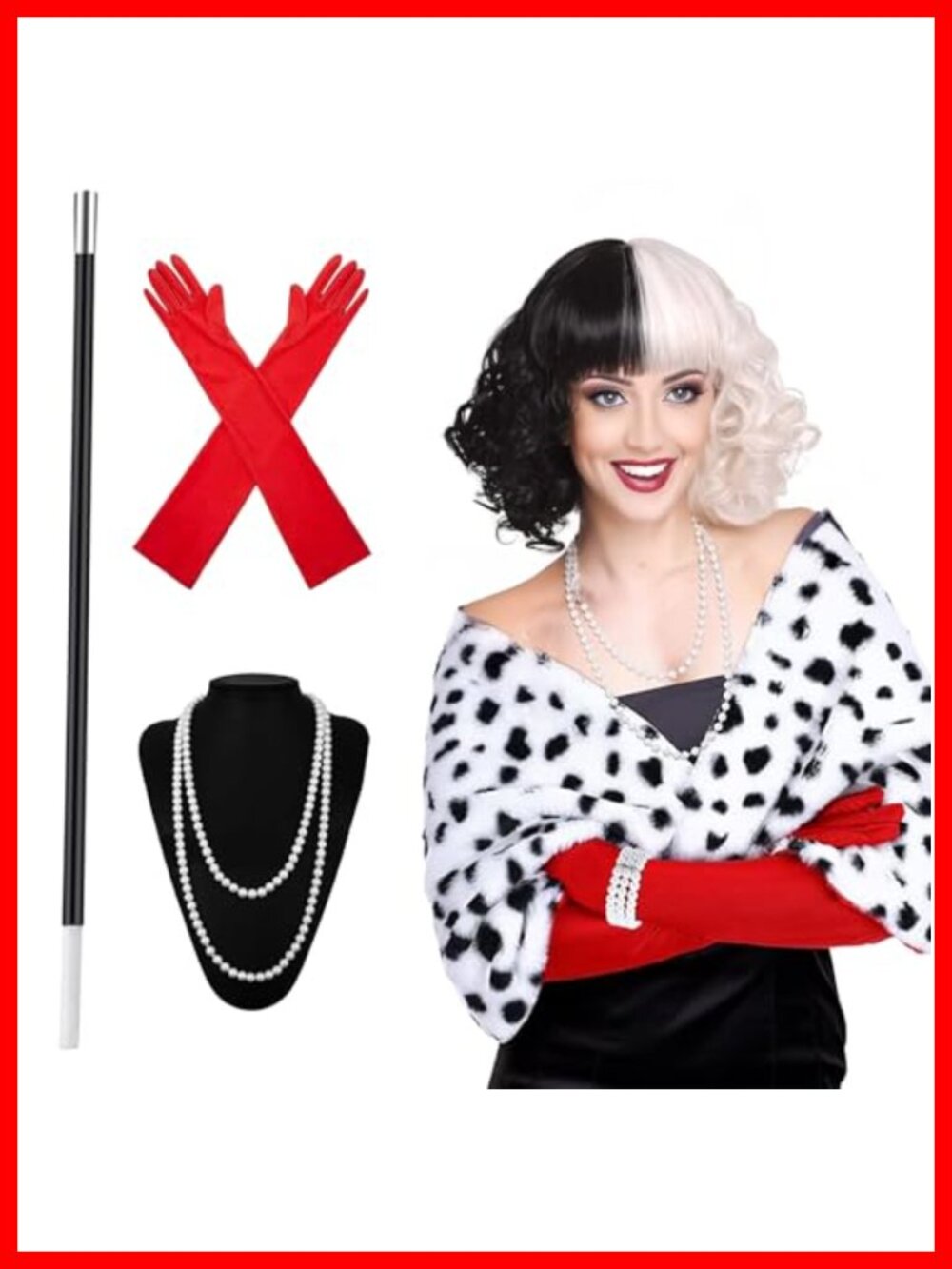 Dalmatian Costume Set Faux Fur Capelet Curly Wig Gloves Women Halloween